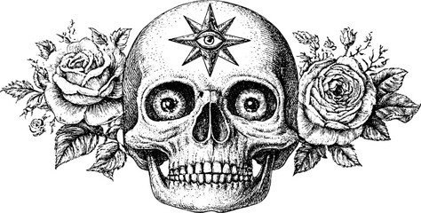Fototapeta premium Antique engraved skull with roses and star eye for day of the dead floral tattoo and banner design on white background