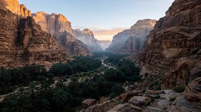Wadi Disah Canyon Dawn Mist Palm Oasis Saudi Arabia Tabuk Landscape