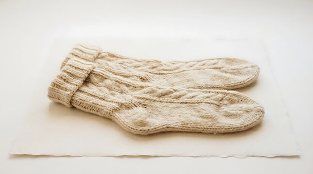 A pair of beige knitted wool socks laid flat on a white textured paper surface with placed together horizontally plain white background cable pattern placed