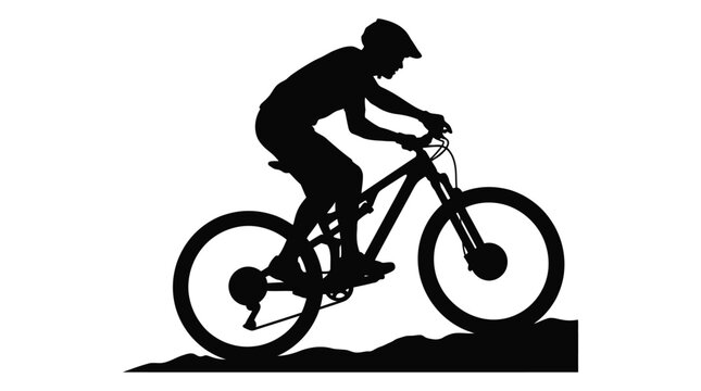 Mountain biker silhouette rides uphill on a white background
