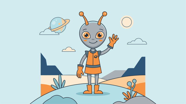 Cute cartoon alien waving hello on a stylized alien planet with a ringed planet and sun in the sky