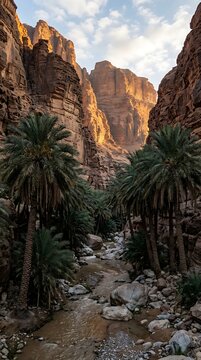 Wadi Disah Canyon Dawn Mist Palm Oasis Saudi Arabia Tabuk Landscape