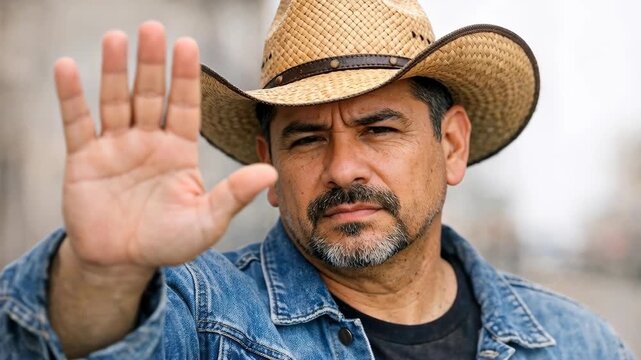Stern Man in Cowboy Hat Making a Stop Gesture