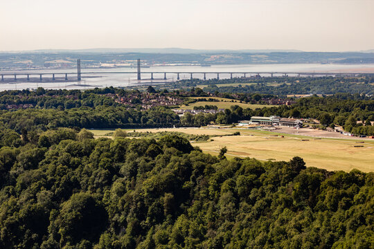 Panoramic high angle vista over Chepstow Racecourse and the Severn Estuary from Eagles Nest in Monmouthshire Wales