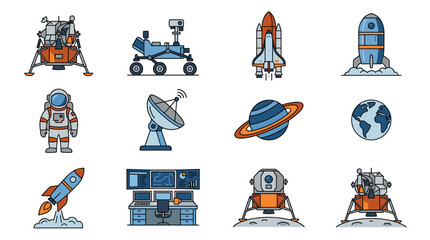 Space exploration icon set with astronaut, rockets, lunar lander, rover, and control center, flat design graphic elements © Rahel