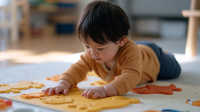 Indonesian toddler pressing into a large silicone sensory mat covered in raised animal shapes, tummy time on a clean floor, infant tactile development, home nursery, early sensory