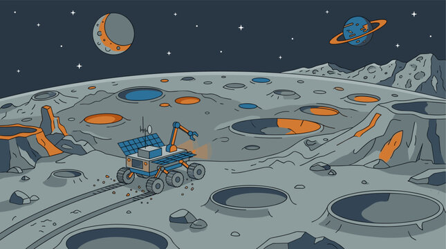 Space exploration rover on a cratered alien planet surface, with a ringed planet and moon in the starry night sky