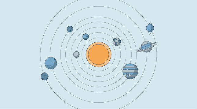 Stylized flat design solar system illustration with sun and planets orbiting on a light blue background