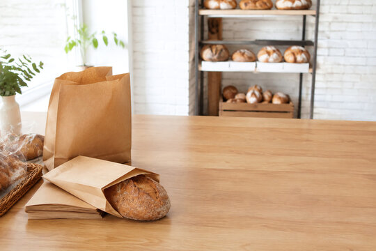 Bright bakery packaging station with bread and copy space