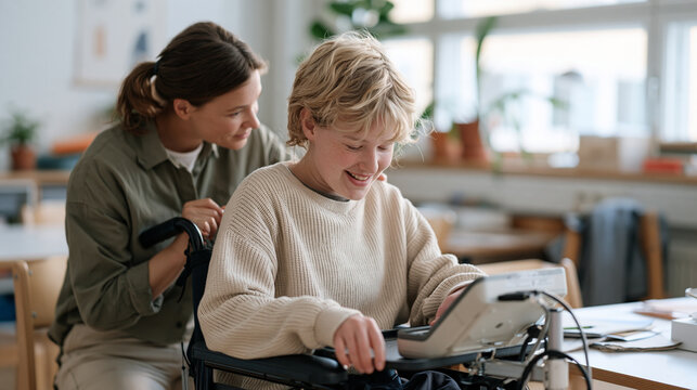 Finnish autistic teenager using an eye-tracking communication device mounted on a wheelchair tray, AAC technology, assistive communication, special needs mobility support,