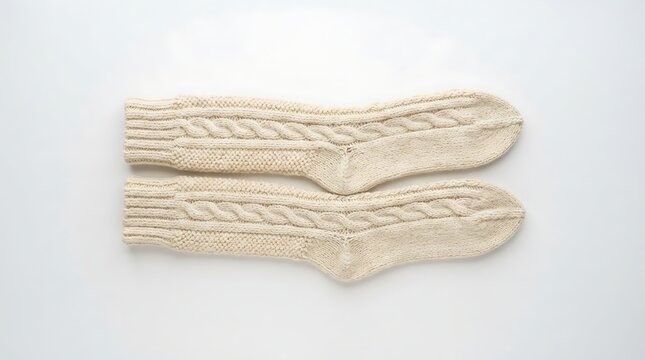 A pair of handmade cream colored cable knit wool socks laid flat on white background with texture positioned horizontally background minimalist studio