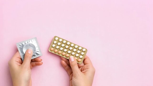 Hands Holding Condom and Birth Control Pills on Pink Background