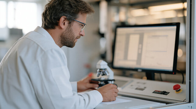 A compact automated production cell inside a Swiss watchmaking facility where a precision inspector checks micro-component tolerances using a digital comparator gauge linked to a