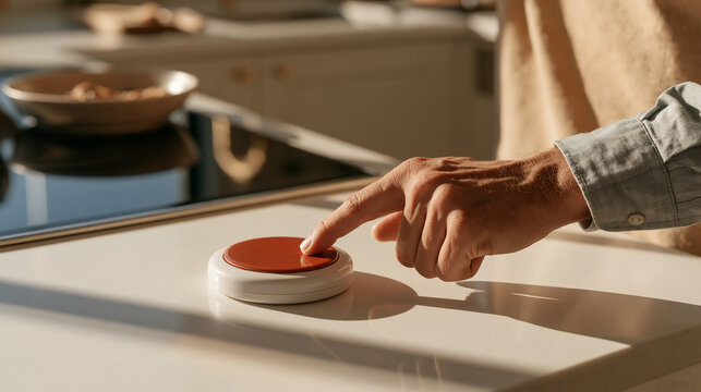 Close-up of a programmable talking button communication device on a kitchen counter being pressed by an autistic adult to request food, single message AAC, assistive