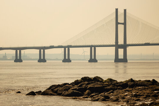 Prince of Wales Bridge viewed from Black Rock Portskewett on the Severn Estuary in Monmouthshire Wales