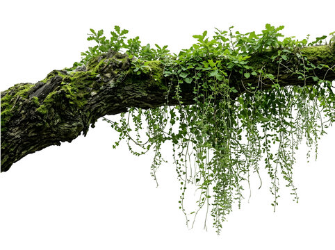 Old mossy tree branch with green hanging vines isolated on transparent background