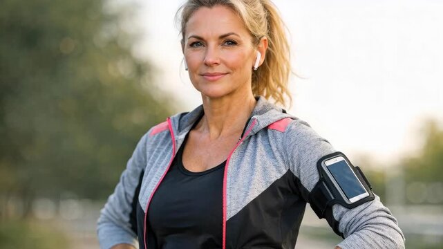 Athletic woman wearing a smartphone armband and earbud jogging in a park