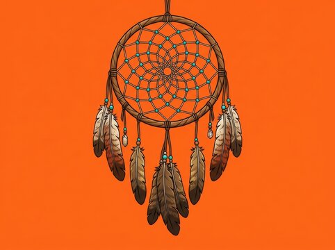 Traditional dreamcatcher with brown feathers and beads against plain orange background graphic design