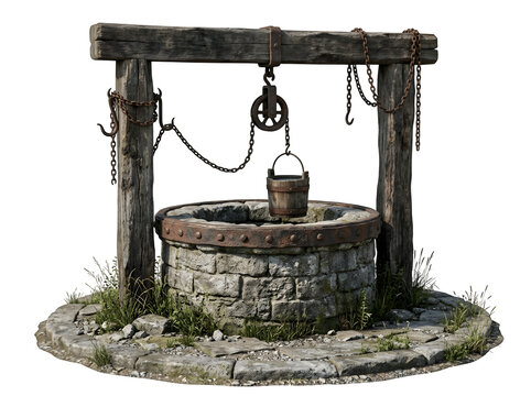 Old stone water well with wooden frame and bucket isolated on transparent background