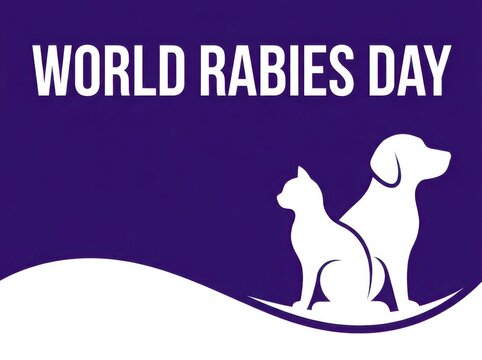 World rabies day banner featuring stylized white cat and dog silhouette over dark purple backdrop