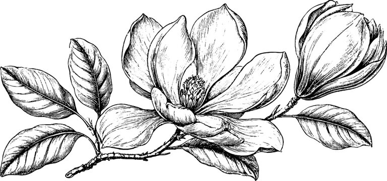 Antique engraving of magnolia branch with open bloom and bud isolated on white for botanical poster design and elegant background use