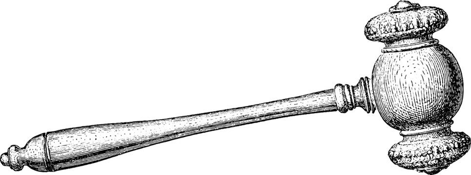 Antique engraved roundheaded mallet isolated on white background for vintage gavel or tool background and decorative design