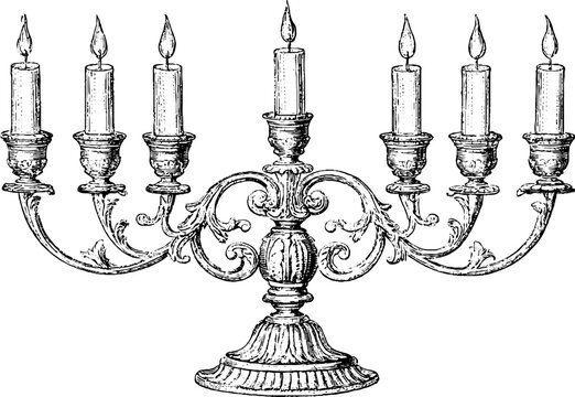 Antique engraving of seven-branch menorah with candles isolated on white background for religious illustration poster and decorative design