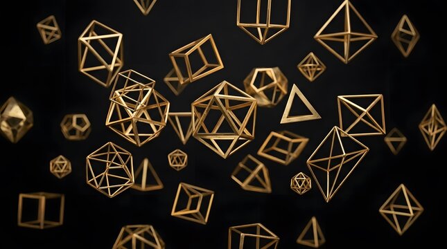 Golden Platonic Solids Geometric Shapes Floating on a Dark Background Abstract Background