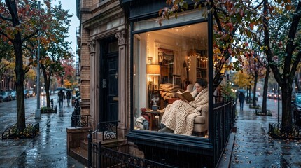 Fototapeta premium Person Reading by Bay Window with Blanket and Mug on Rainy Autumn Day in Cozy Brownstone Interior