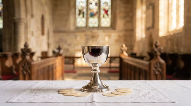 Silver chalice with wine and communion wafers on altar in church. Holy communion ceremony with stained glass window in background. Christian religion, eucharist and faith concept for church service