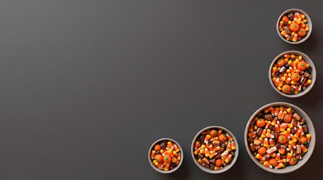 A delightful overhead view of colorful halloween candy corn arranged on a rustic wooden surface