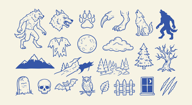 Set of hand drawn werewolf and forest elements, doodle style illustrations of wolf, moon, mountains, trees, spooky landscape, and horror symbols