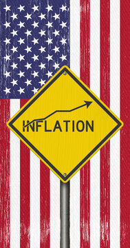 Inflation yellow warning sign with an American flag for price increases