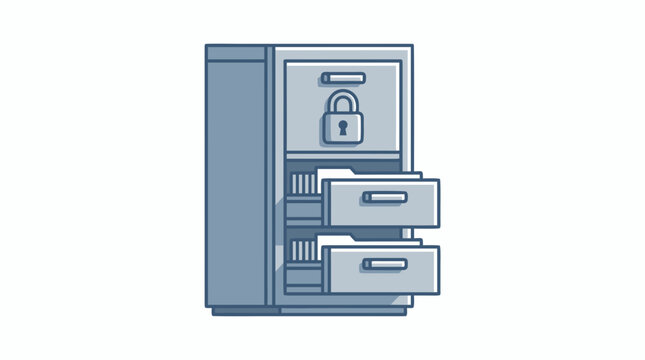 Secure file cabinet illustration featuring locked drawers with folders inside for data protection and confidential document management concepts