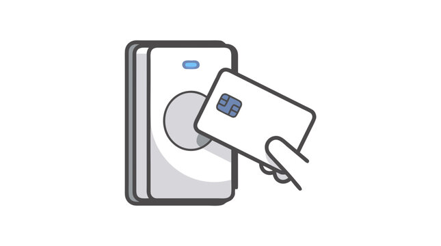 Hand tapping card on reader for secure wireless payment transactions in simple vector style