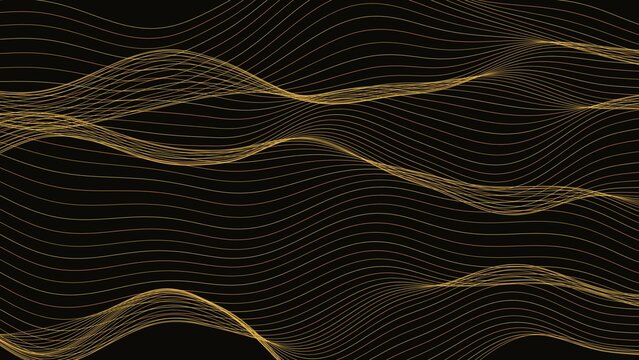 Abstract background, with multiple thin, gold wavy lines, flowing horizontally across, a dark black, surface, creating a, rhythmic golden wave pattern