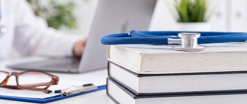 Stethoscope resting on a stack of medical textbooks with a doctor working on a laptop with blue stethoscope lies pile medical books desk while doctor works computer