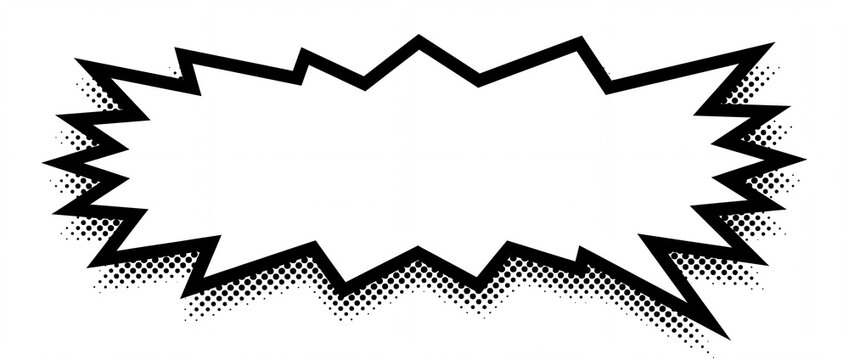 Blank comic book speech bubble with jagged edges and black halftone dots on white background with center black outline halftone dot shading style speech communication