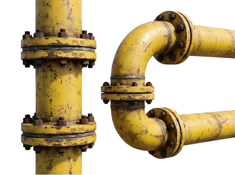 Yellow industrial steel pipes with bolted flanges isolated on transparent background