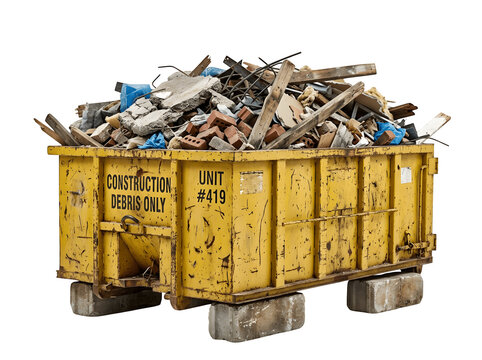 Yellow construction debris dumpster isolated on transparent background
