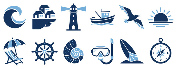 Fototapeta premium Summer vacation icons set. Beach and sea travel concept. Includes ocean wave, coastal village, lighthouse, fishing boat, seagull, sunset, beach chair, ship wheel, seashell, snorkel mask,