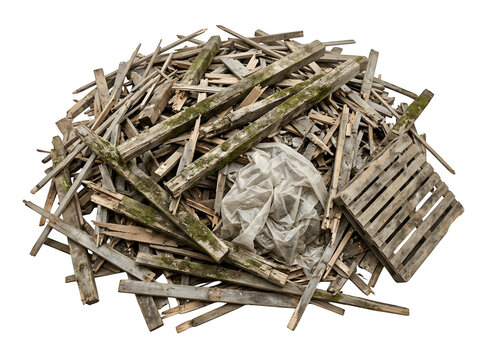 A pile of old weathered scrap wood and a wooden pallet isolated on transparent background
