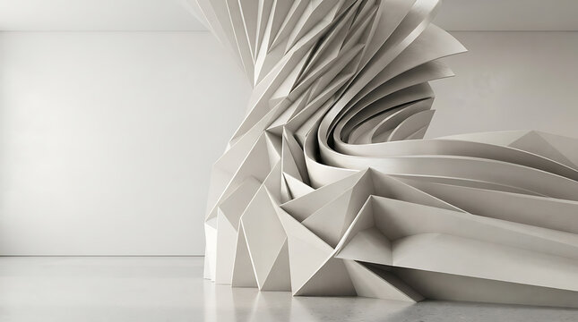 Abstract white geometric origami sculpture with twisted paper folds in minimalist studio.