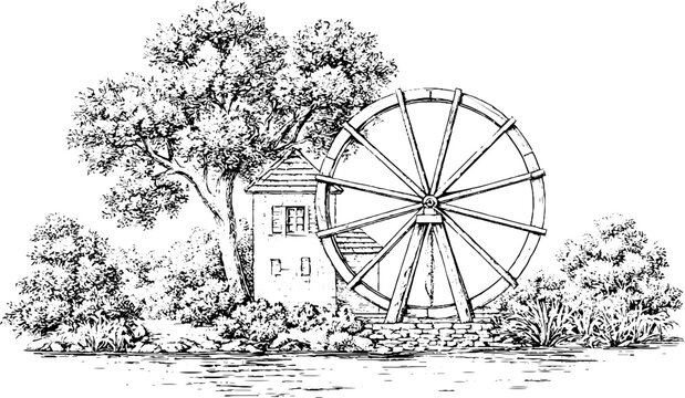 Antique engraving of a water mill with large wheel by a riverside cottage isolated on white for vintage background and historical illustration use