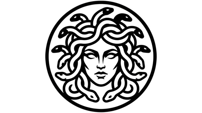Medusa head circular logo with snake hair design.
