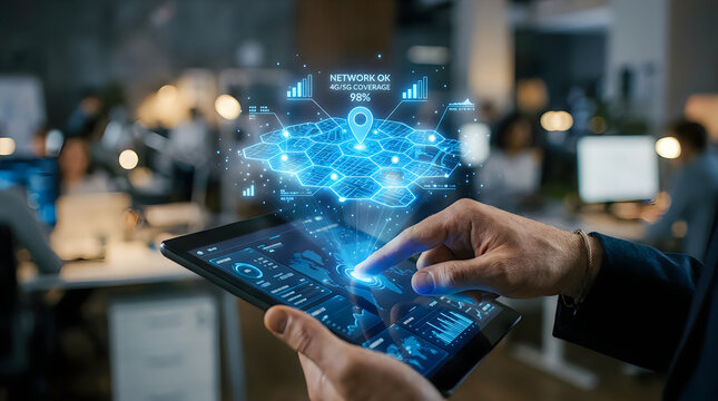 Business professional using a digital tablet to analyze a holographic 5g network coverage map in a modern office environment with data visualization displays