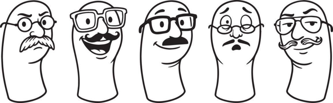 Funny finger puppets set with glasses and mustaches in black and white line art style