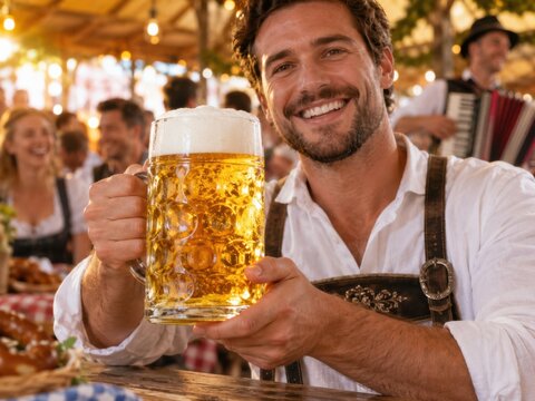 Lachender Mann in Lederhose pr&auml;sentiert einen gro&szlig;en Krug mit goldenem Bier und kr&auml;ftiger Schaumkrone bei einem stimmungsvollen bayerischen Fest mit Musik und G&auml;sten.