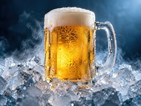 Eiskalter Krug mit goldenem Bier und dichter Schaumkrone steht zwischen glitzernden Eisw&uuml;rfeln &ndash; frostige Produktaufnahme voller Frische, K&auml;lte und prickelnder Erfrischung.