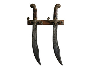 Naklejka premium Two ornate antique curved swords mounted on a wooden wall display rack isolated on transparent background